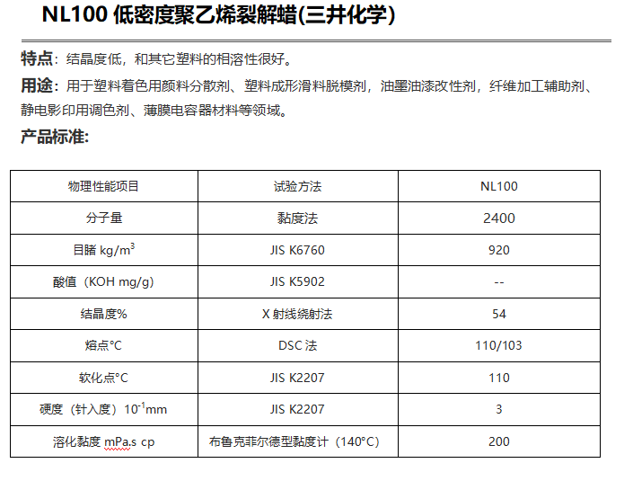 三井HI-WAX NL100低密度聚乙烯裂解蠟（ PE蠟NL100）